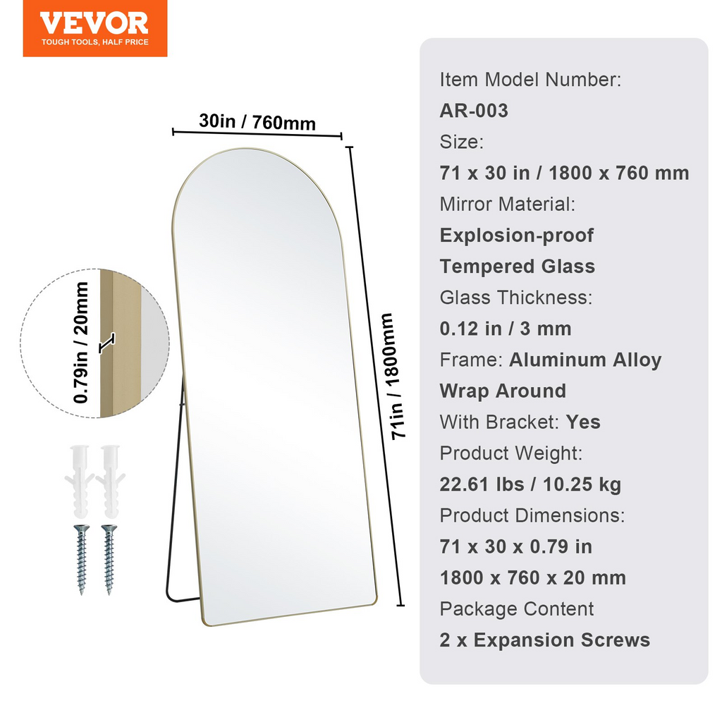 VEVOR Espejo de cuerpo entero arqueado 71'' x 30''