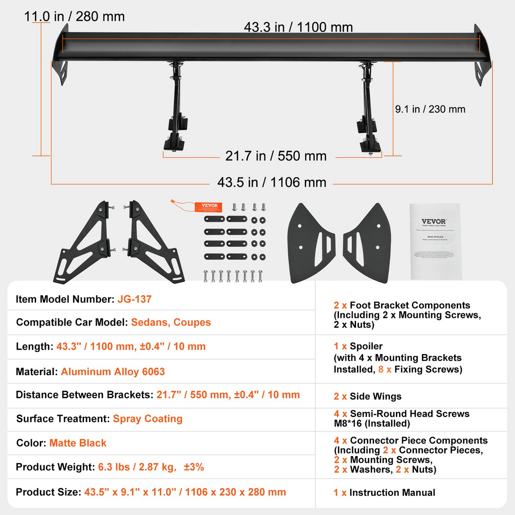 Alerón trasero para coche VEVOR GT Wing alerón universal de 43,3 pulgadas con una sola cubierta aluminio ligero ajustable