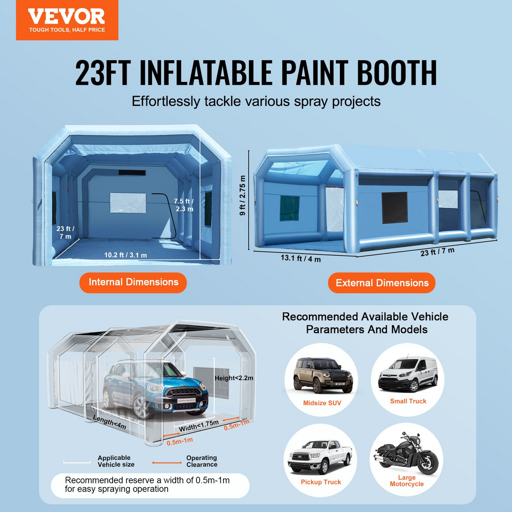Cabina de pintura inflable VEVOR de 23 x 13,1 x 9 pies con sopladores de 750 W y 480 W y filtro de aire para motocicletas camionetas y SUV medianos