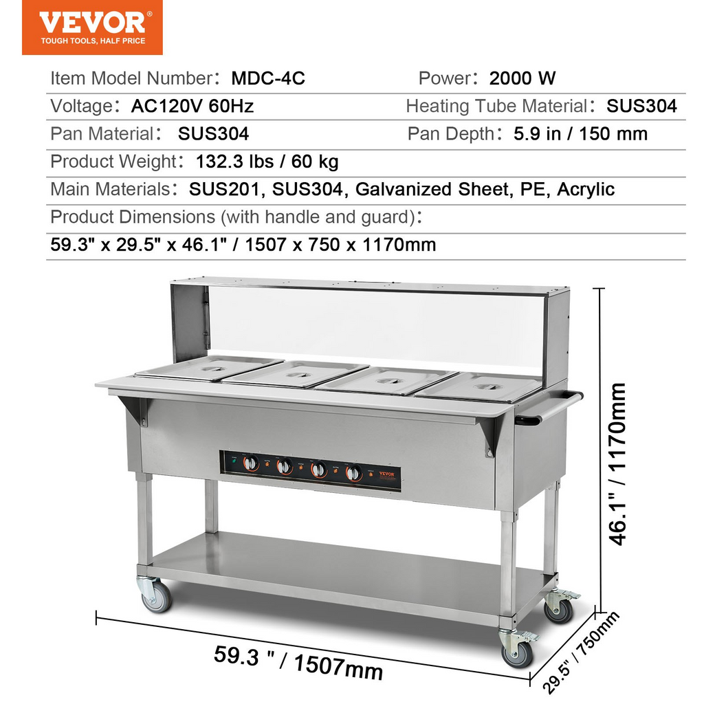 Calentador de alimentos comercial de 4 sartenes mesa de vapor eléctrica de 4 x 20,6 qt de 2000 W