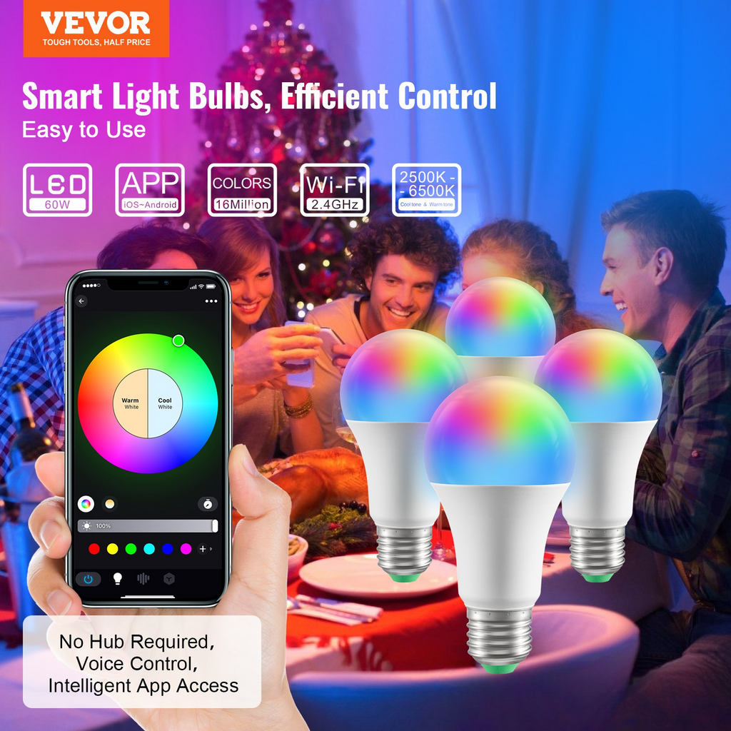 Bombillas inteligentes VEVOR paquete de 4 bombillas LED multicolor de 9 W 800 lúmenes