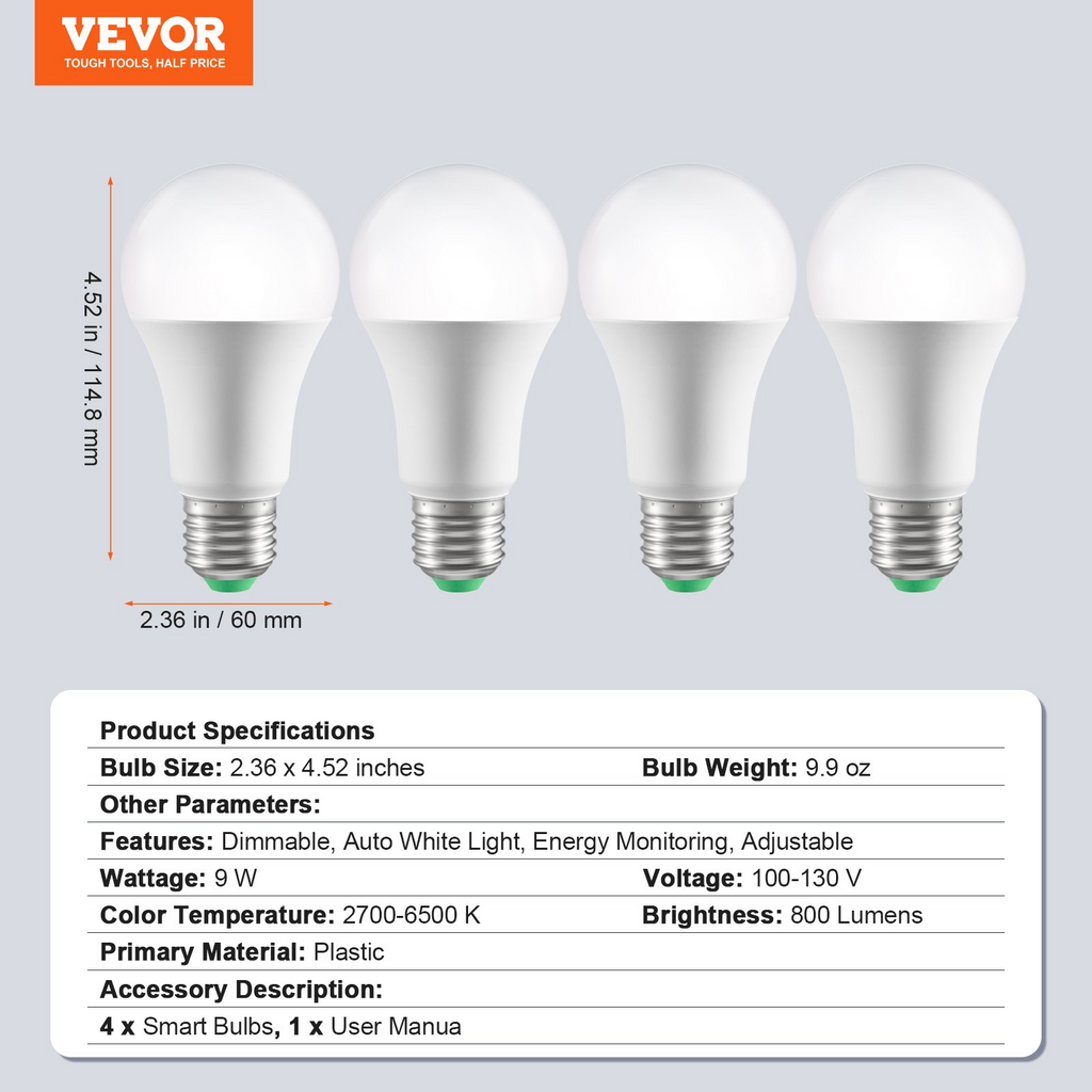 Bombillas inteligentes VEVOR paquete de 4 bombillas LED multicolor de 9 W 800 lúmenes