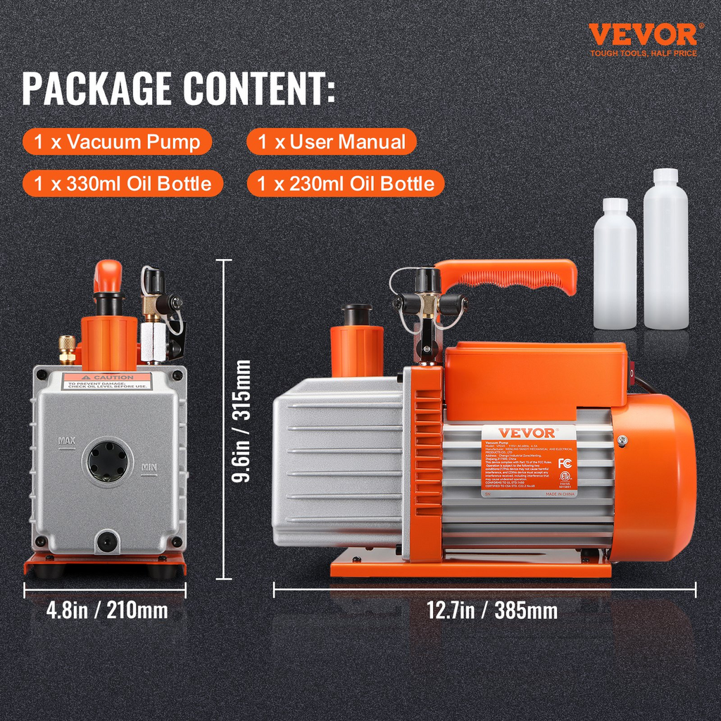 Bomba de vacío VEVOR de 5 CFM para aire acondicionado, bomba de vacío de paletas rotativas de 2 etapas para HVAC JH2