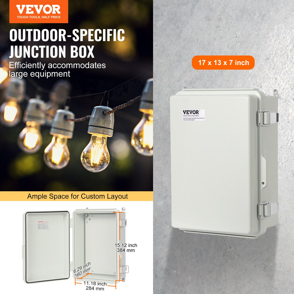 VEVOR Caja de conexiones eléctricas para exteriores, 16,93 x 12,99 x 7,09 pulgadas, caja de plástico  con tapa con bisagras y pestillo de acero inoxidable,
