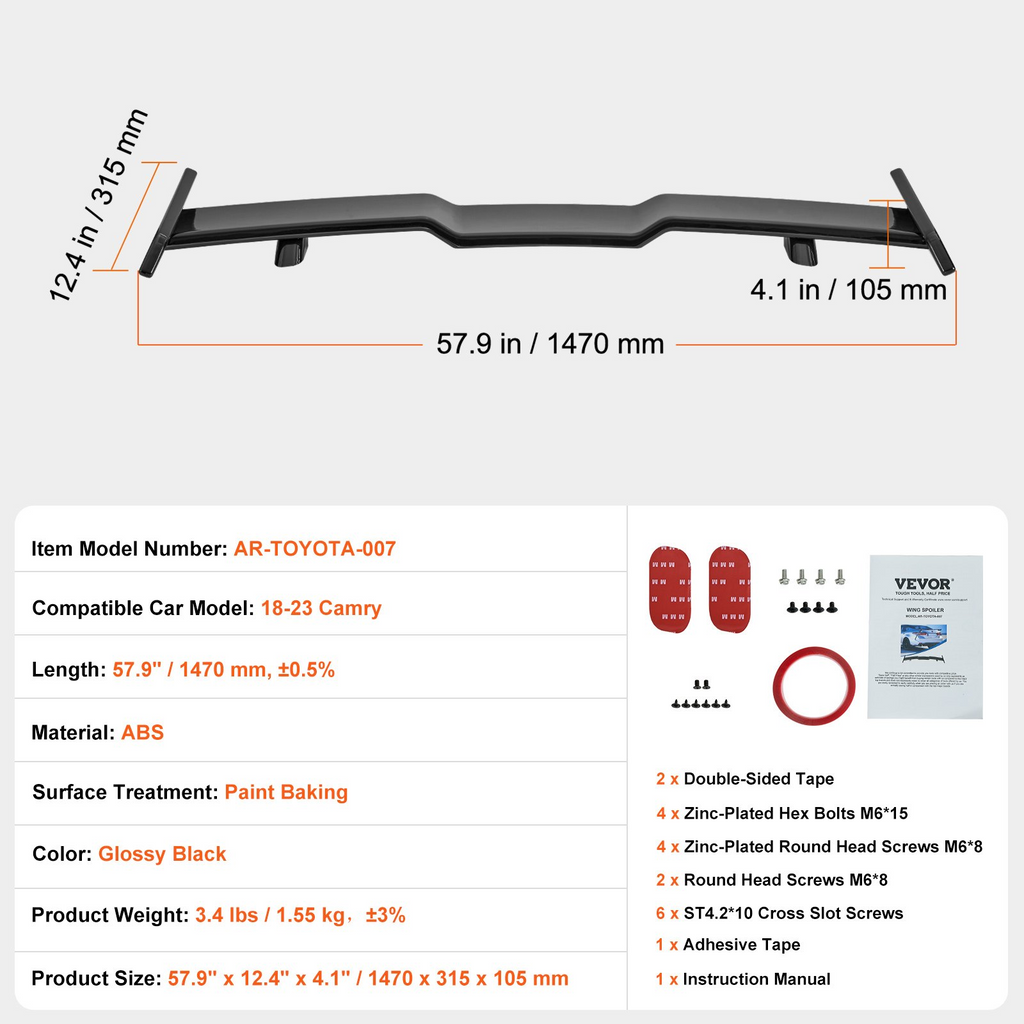 Alerón trasero para coche VEVOR GT Wing, 57,9 pulgadas compatible con Camry 2018-2023 material ABS de alta resistencia