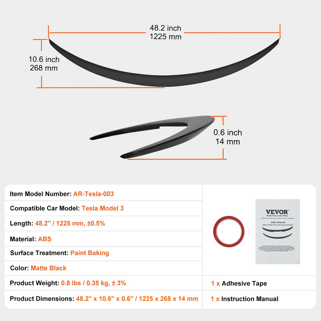 Alerón trasero para coche VEVOR GT Wing 48,2 pulgadas compatible con Tesla Model 3 material ABS de alta resistencia