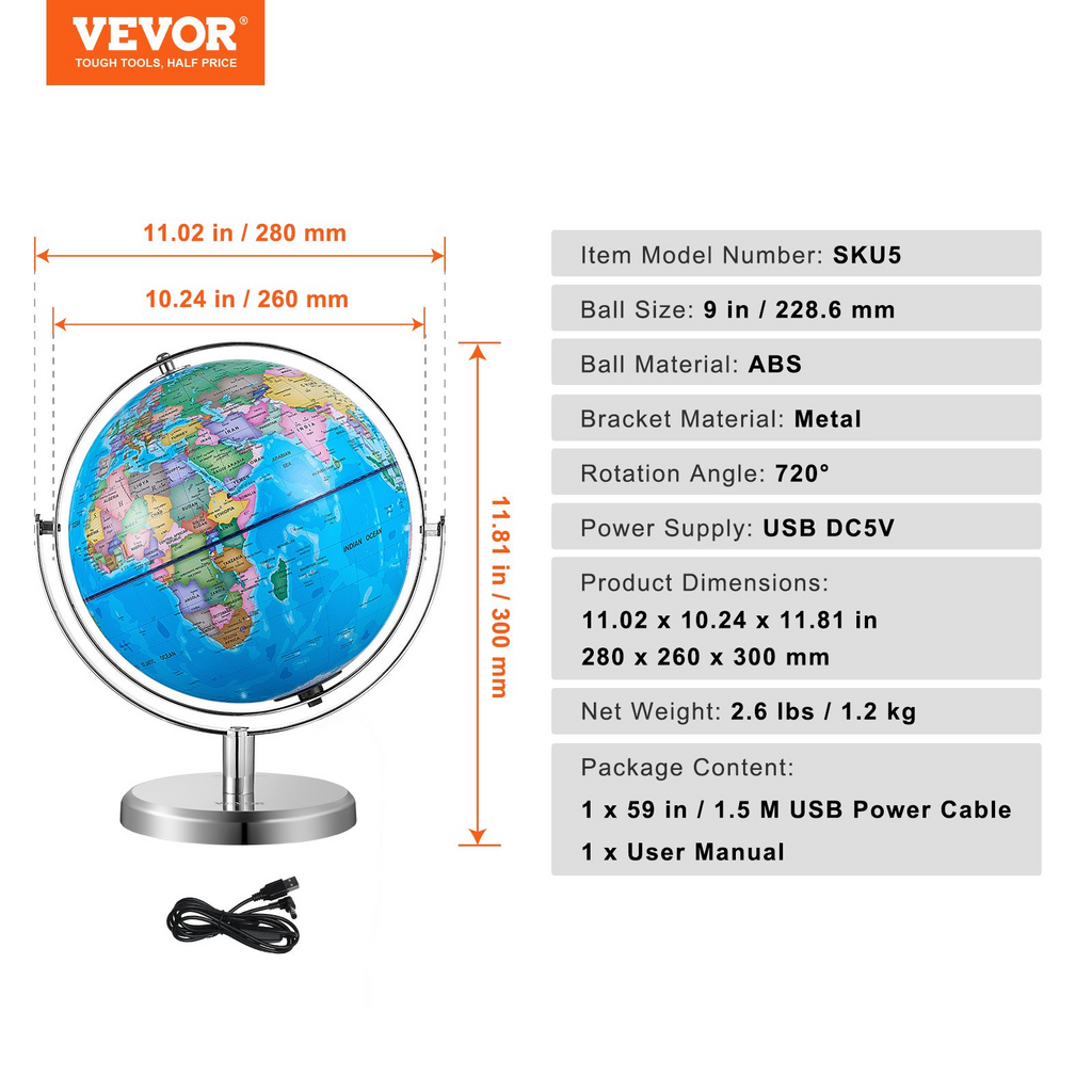 Globo terráqueo iluminado VEVOR con soporte 228,6 mm (9 pulgadas), con luz nocturna de constelación LED