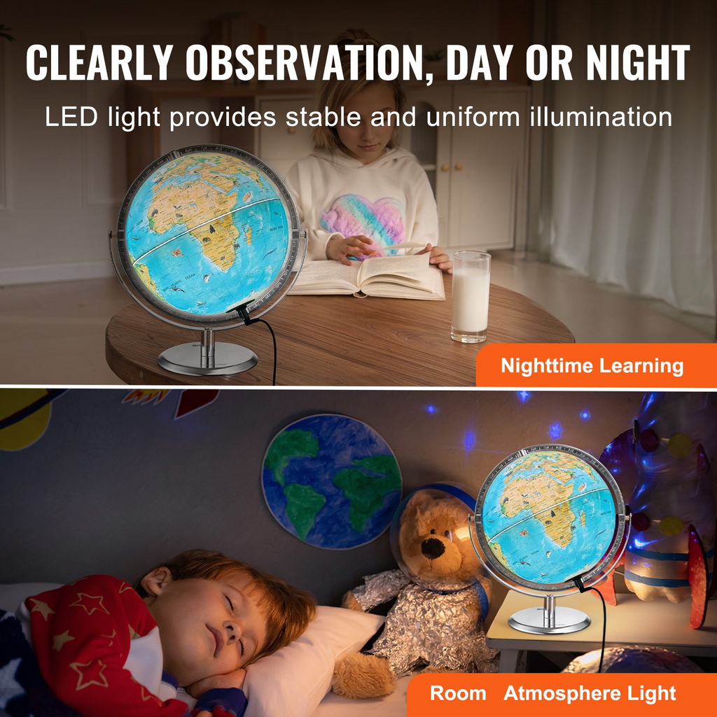 Globo educativo VEVOR para niños 10 pulgadas/254 mm  iluminación nocturna LED rotación de 720°  compatible con dispositivos Android o iOS