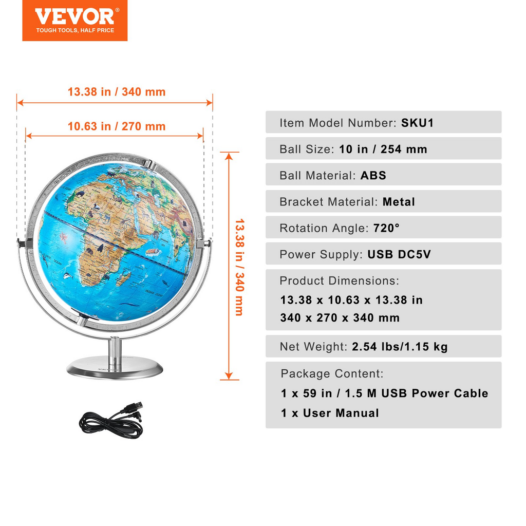 Globo educativo VEVOR para niños 10 pulgadas/254 mm  iluminación nocturna LED rotación de 720°  compatible con dispositivos Android o iOS