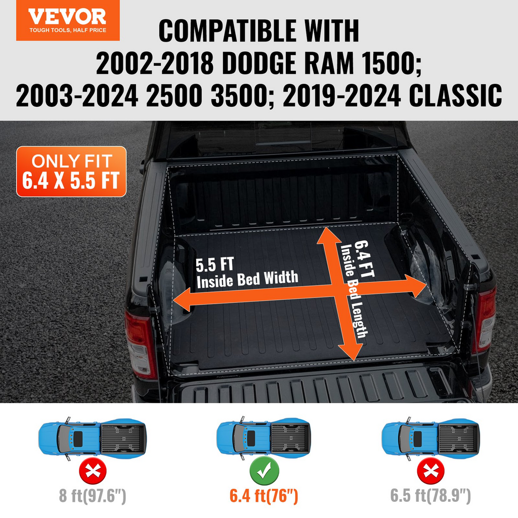 Funda enrollable para caja de camioneta compatible con Dodge Ram 1500 2002-2018 2500 3500 2003-2024 Classic 2019-2024 para caja de 6,4 x 5,5 pies