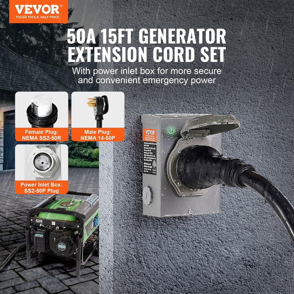 Kit de cable de generador y caja de entrada de energía VEVOR de 50 amperios 15 pies