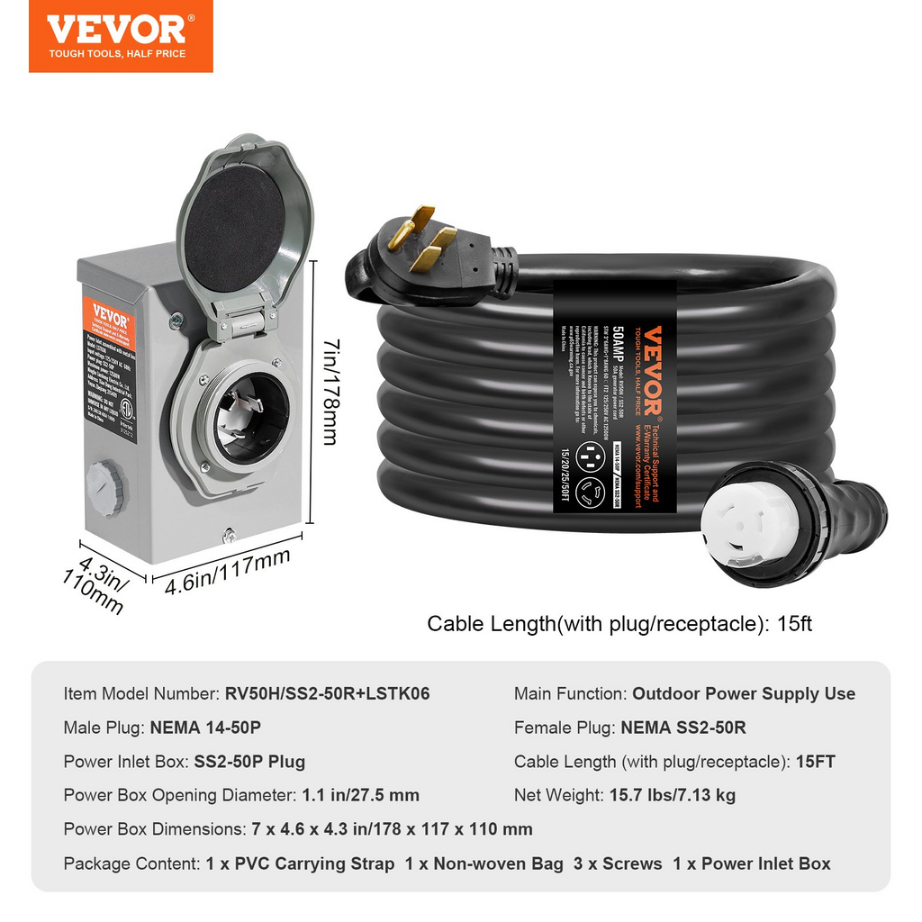 Kit de cable de generador y caja de entrada de energía VEVOR de 50 amperios 15 pies