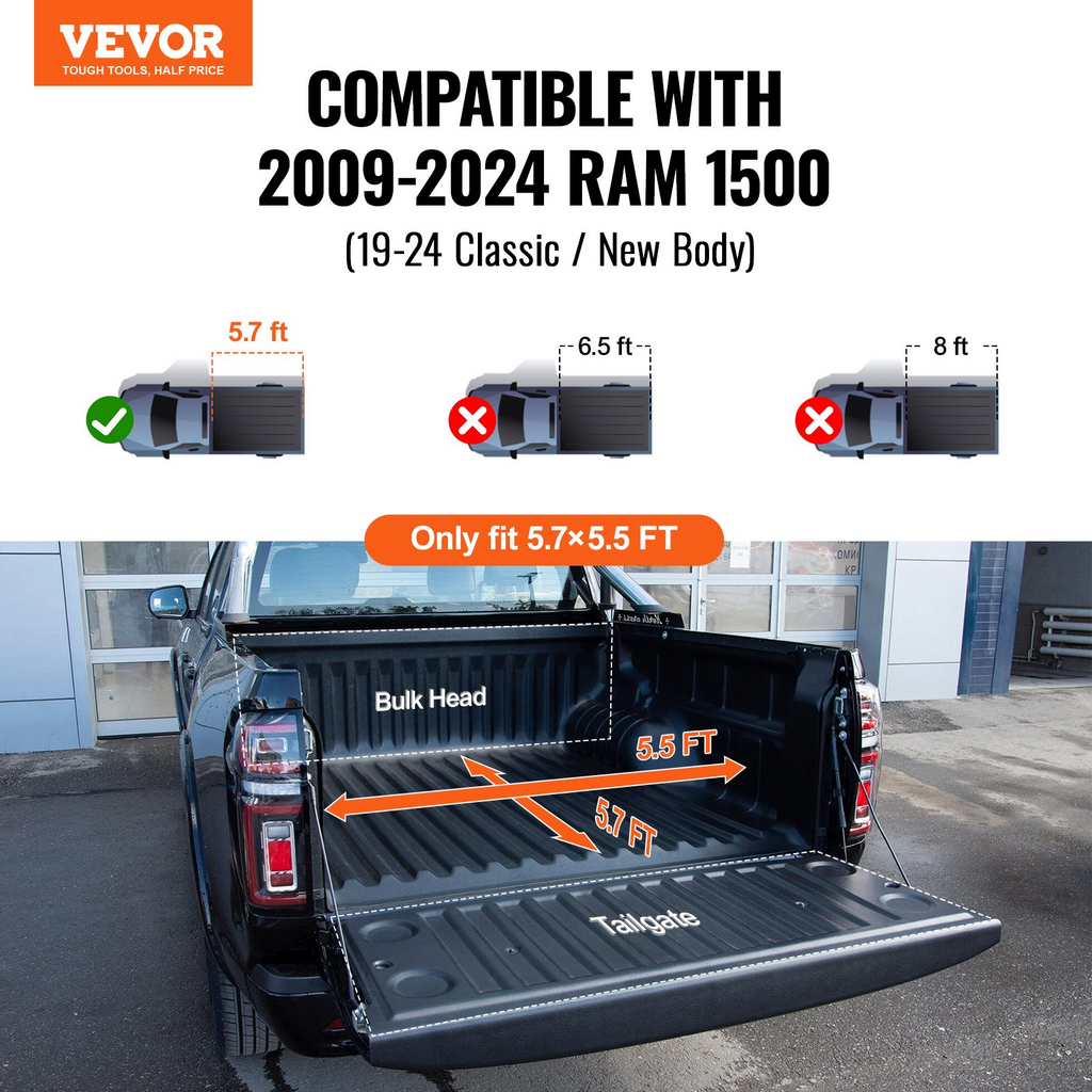 Funda para caja de camioneta plegable en tres partes compatible con Ram 1500 2009-2024 (19-24 Classic/New Body)