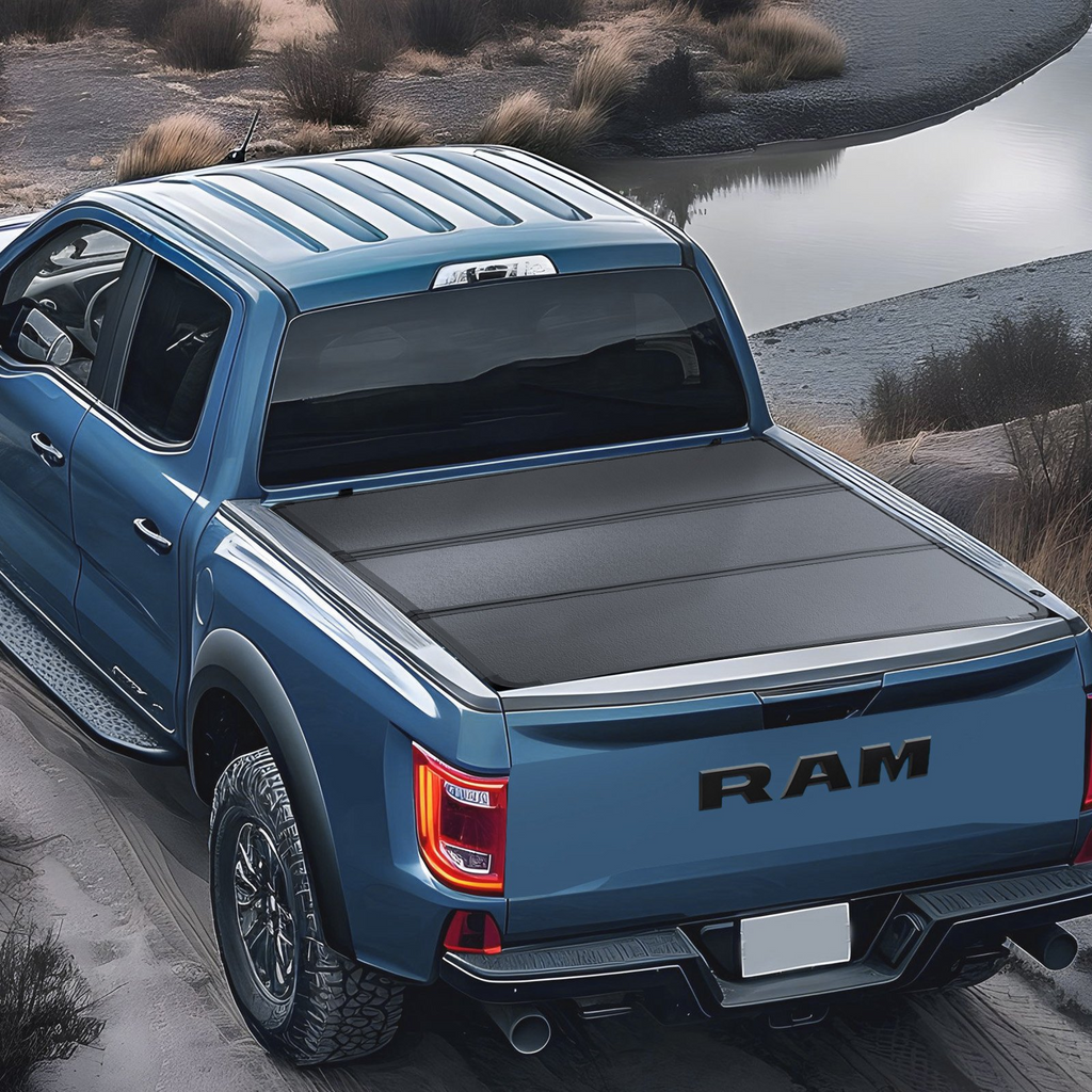 Funda para caja de camioneta plegable en tres partes compatible con Ram 1500 2009-2024 (19-24 Classic/New Body)