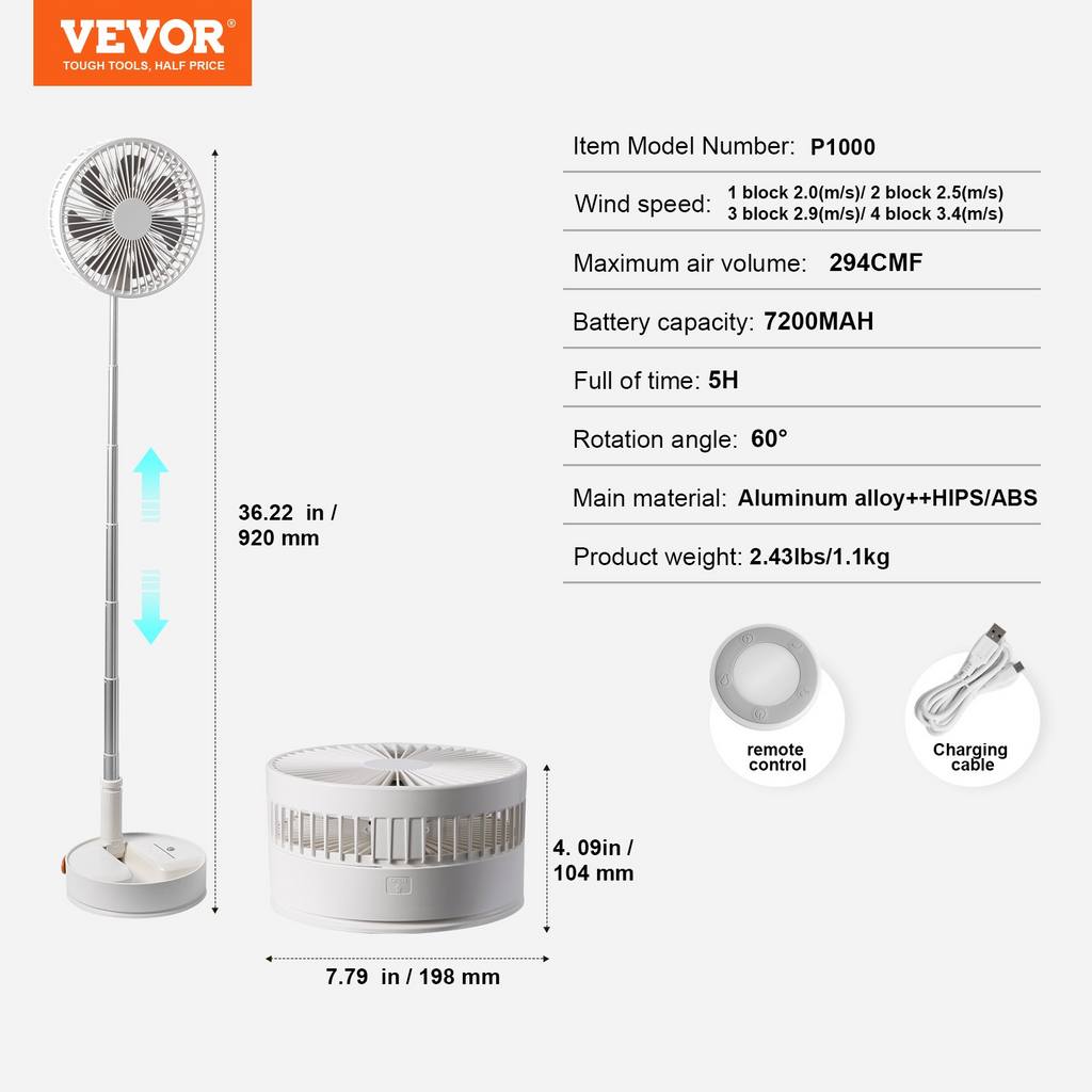 VEVOR Ventilador de pie oscilante plegable de 8 pulgadas con control remoto