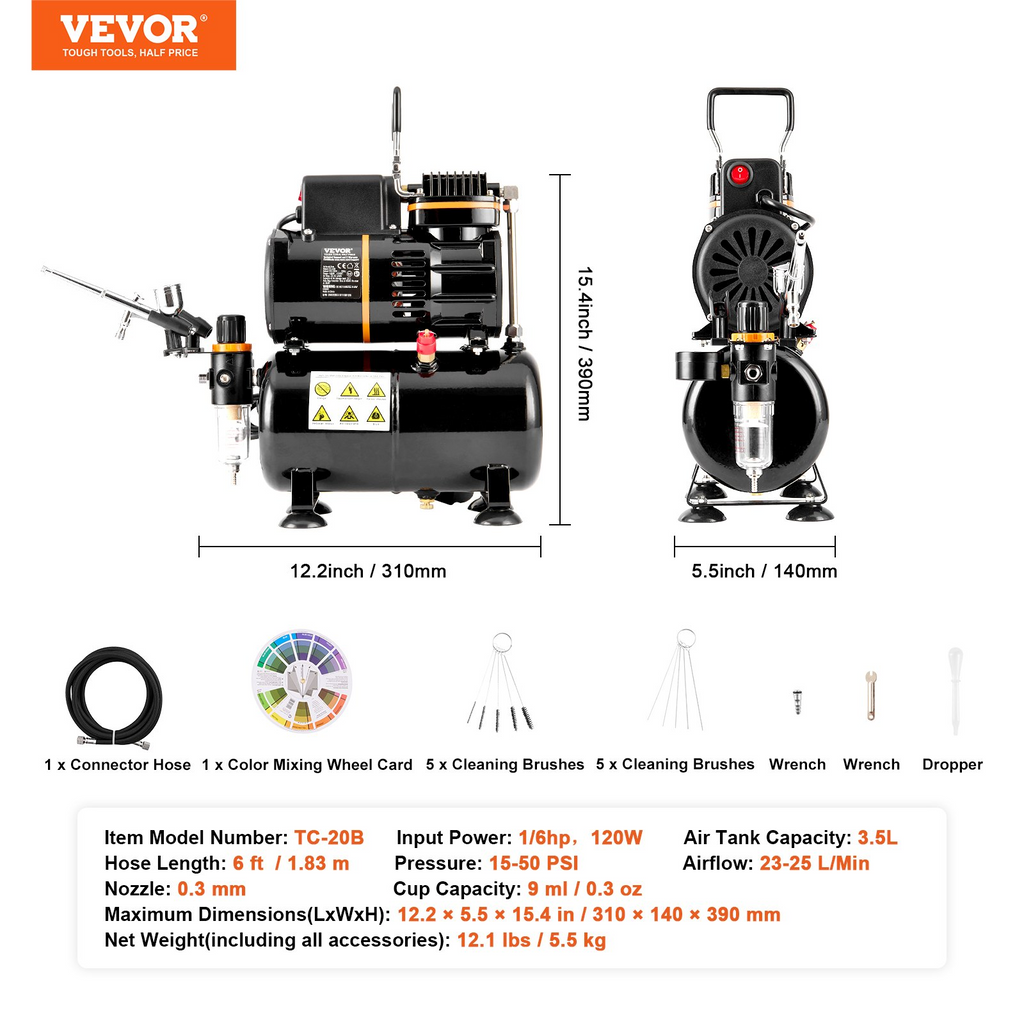 VEVOR kit de sistema de compresor de tanque de aire de doble ventilador con tanque de almacenamiento de aire de 3,5 l juego de aerógrafo con punta de 0,3 mm