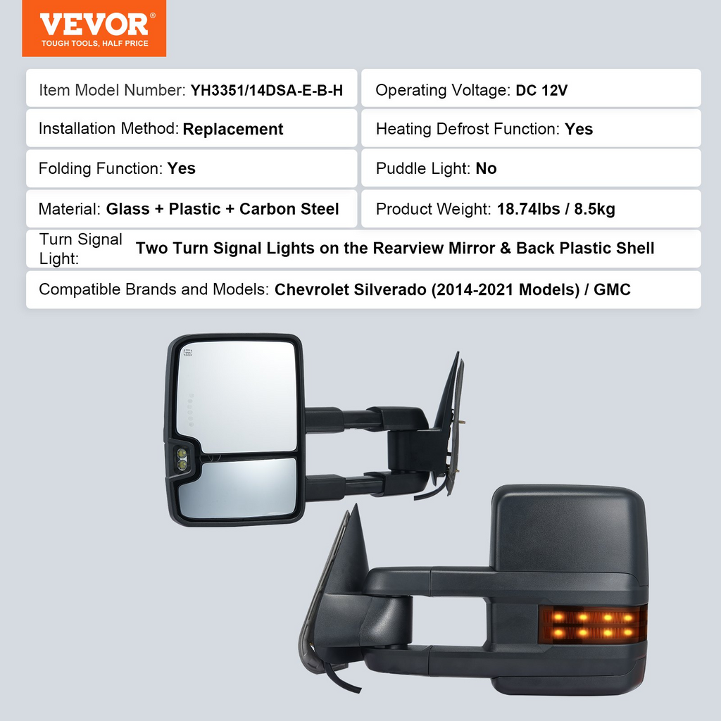 Espejos retrovisores VEVOR par izquierdo y derecho para Chevrolet Silverado (2014-2021)/GMC