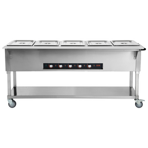 Calentador de alimentos comercial de 5 sartenes de 5 x 20,6 qt de 3750 W con 4 ruedas (2 bloqueables)