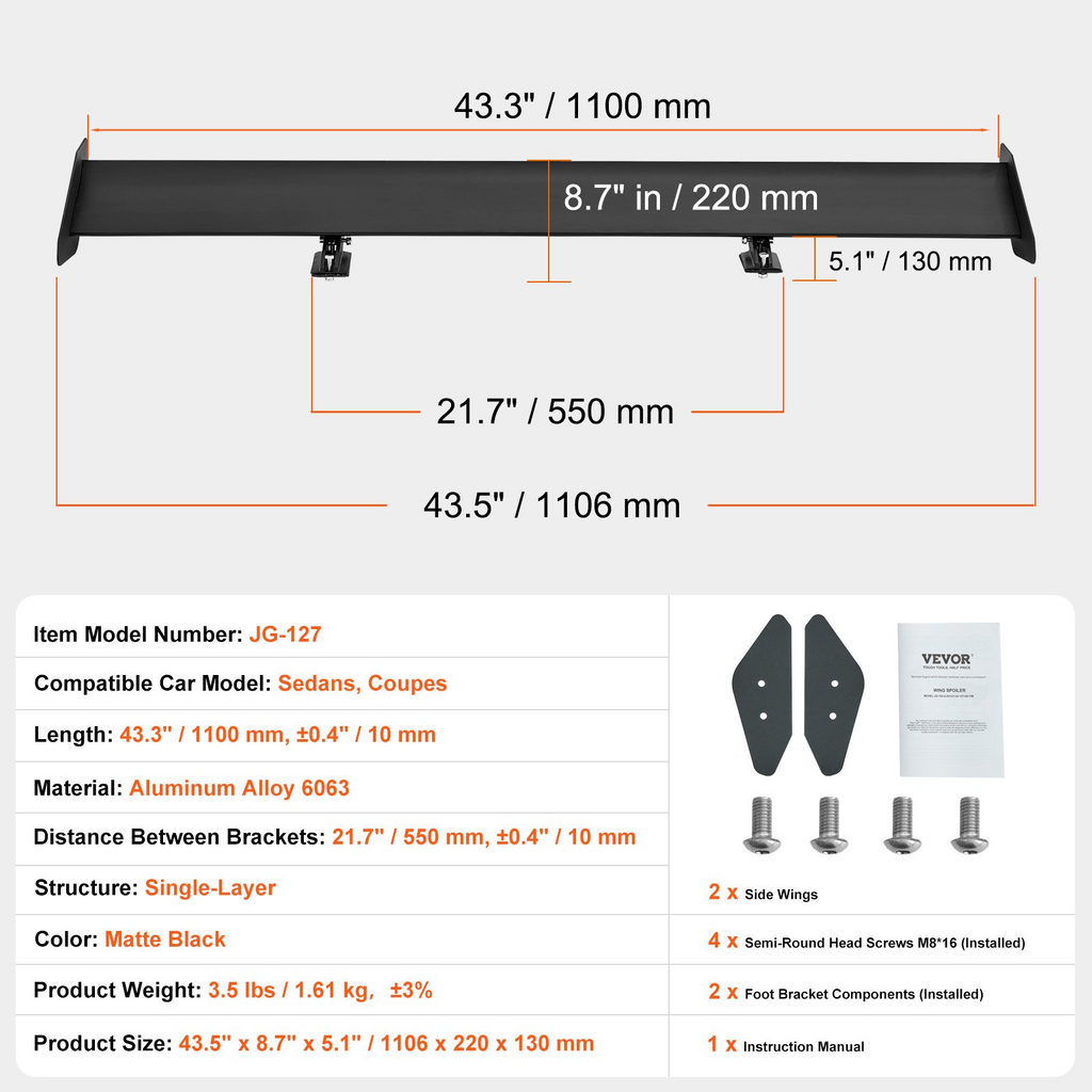 Alerón trasero para coche VEVOR GT Wing de 43,3 pulgadas con una sola cubierta aluminio ligero ajustable