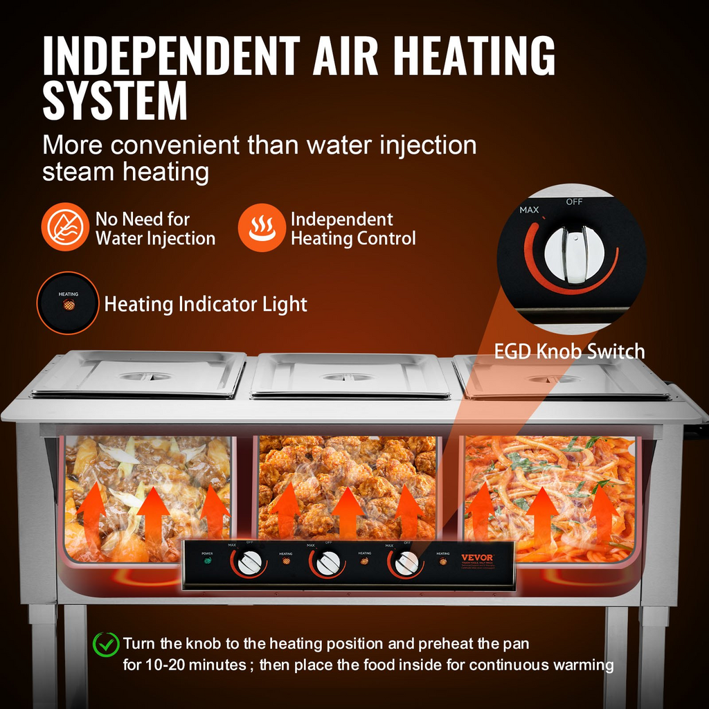Calentador de alimentos comercial de 3 sartenes de 3 x 20,6 qt de 1500 W con 4 ruedas (2 bloqueables)