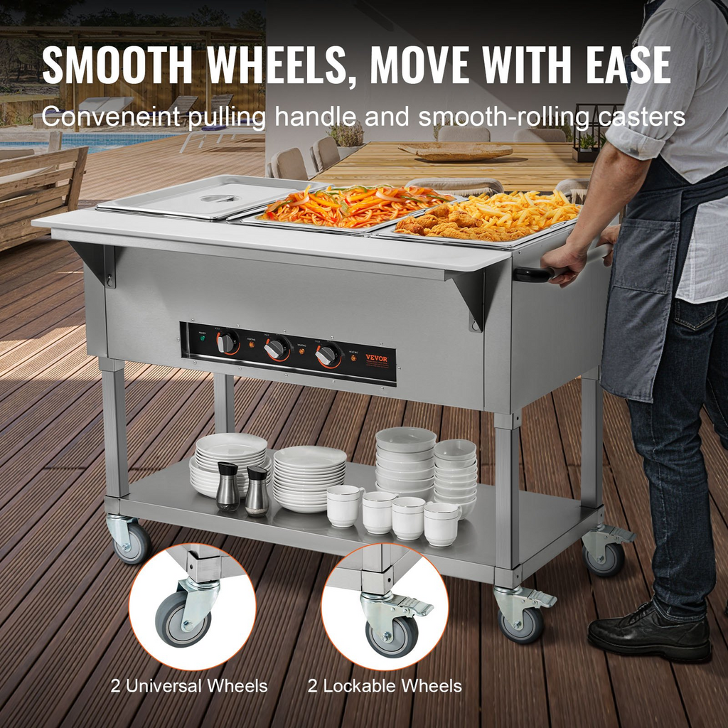 Calentador de alimentos comercial de 3 sartenes de 3 x 20,6 qt de 1500 W con 4 ruedas (2 bloqueables)