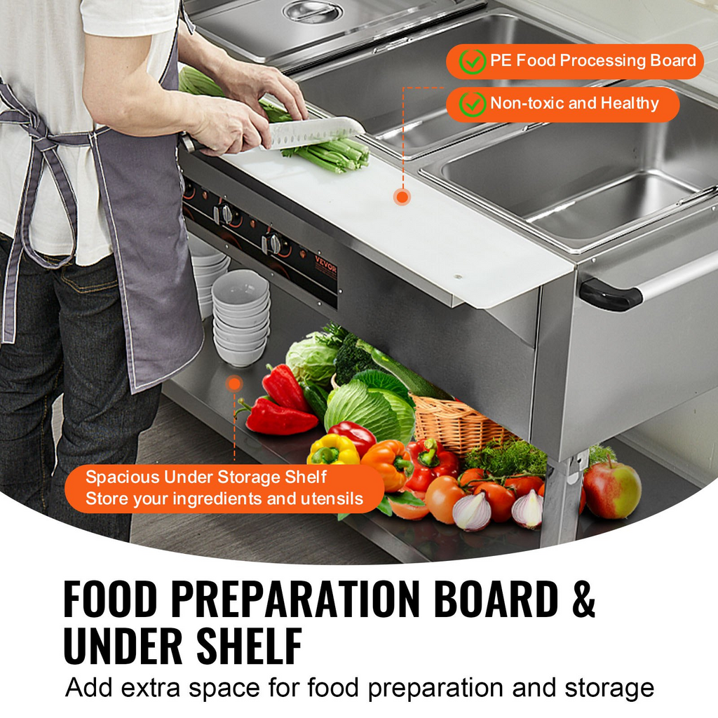 Calentador de alimentos comercial de 3 sartenes de 3 x 20,6 qt de 1500 W con 4 ruedas (2 bloqueables)