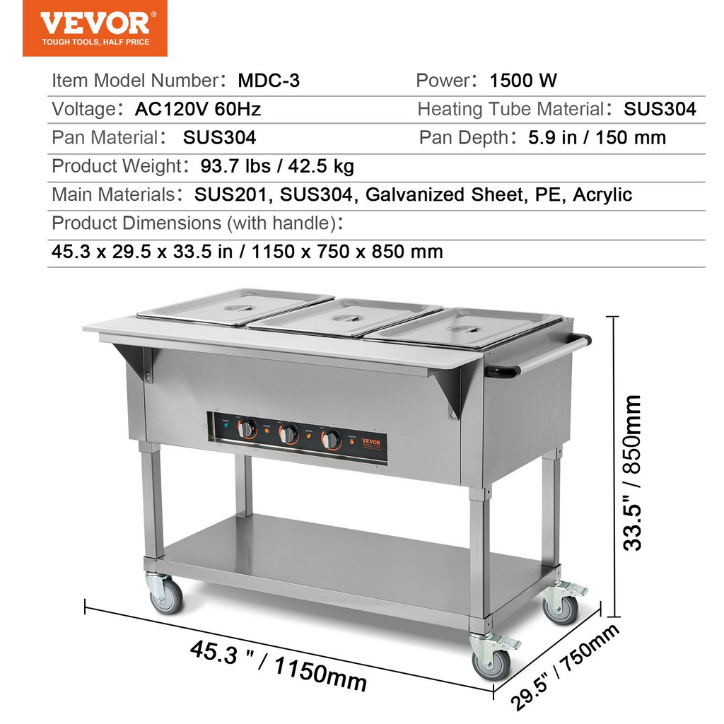 Calentador de alimentos comercial de 3 sartenes de 3 x 20,6 qt de 1500 W con 4 ruedas (2 bloqueables)