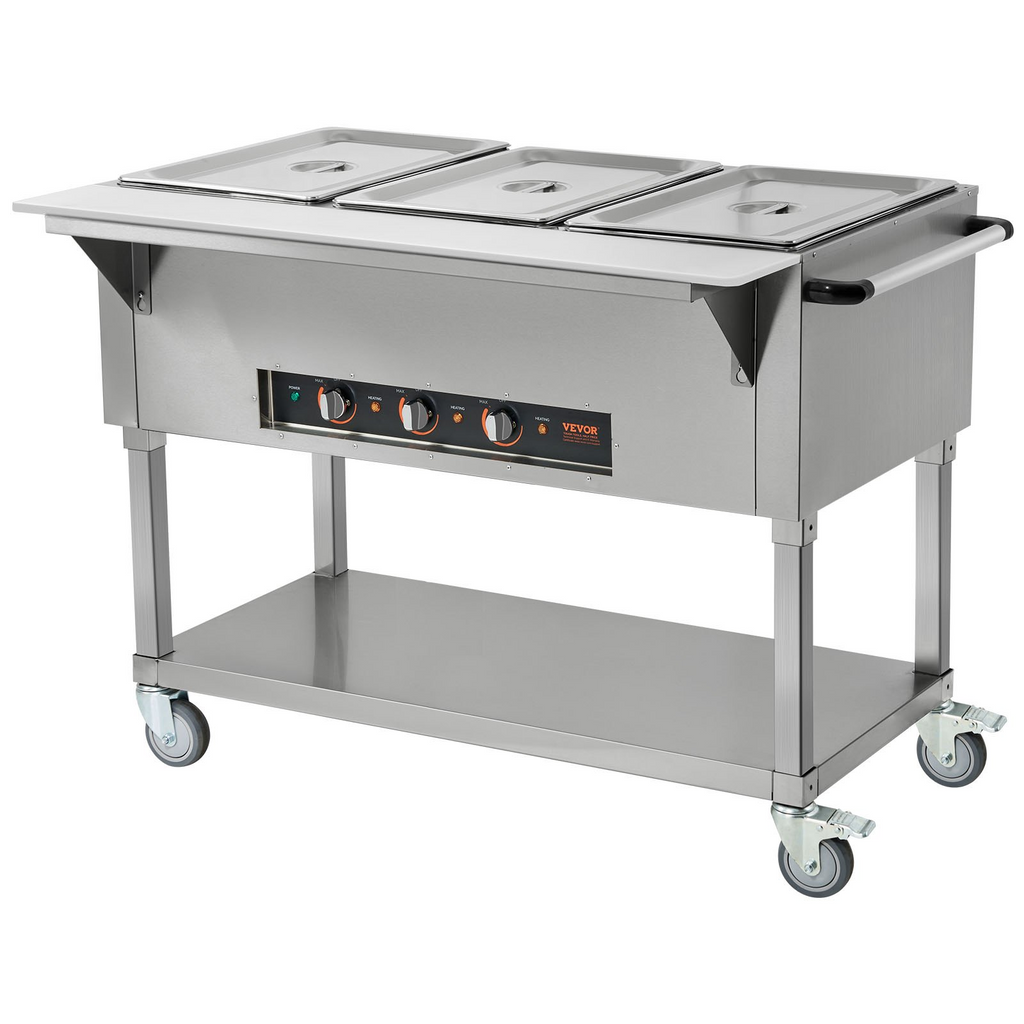 Calentador de alimentos comercial de 3 sartenes de 3 x 20,6 qt de 1500 W con 4 ruedas (2 bloqueables)