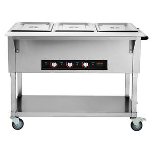 Calentador de alimentos comercial de 3 sartenes de 3 x 20,6 qt de 1500 W con 4 ruedas (2 bloqueables)