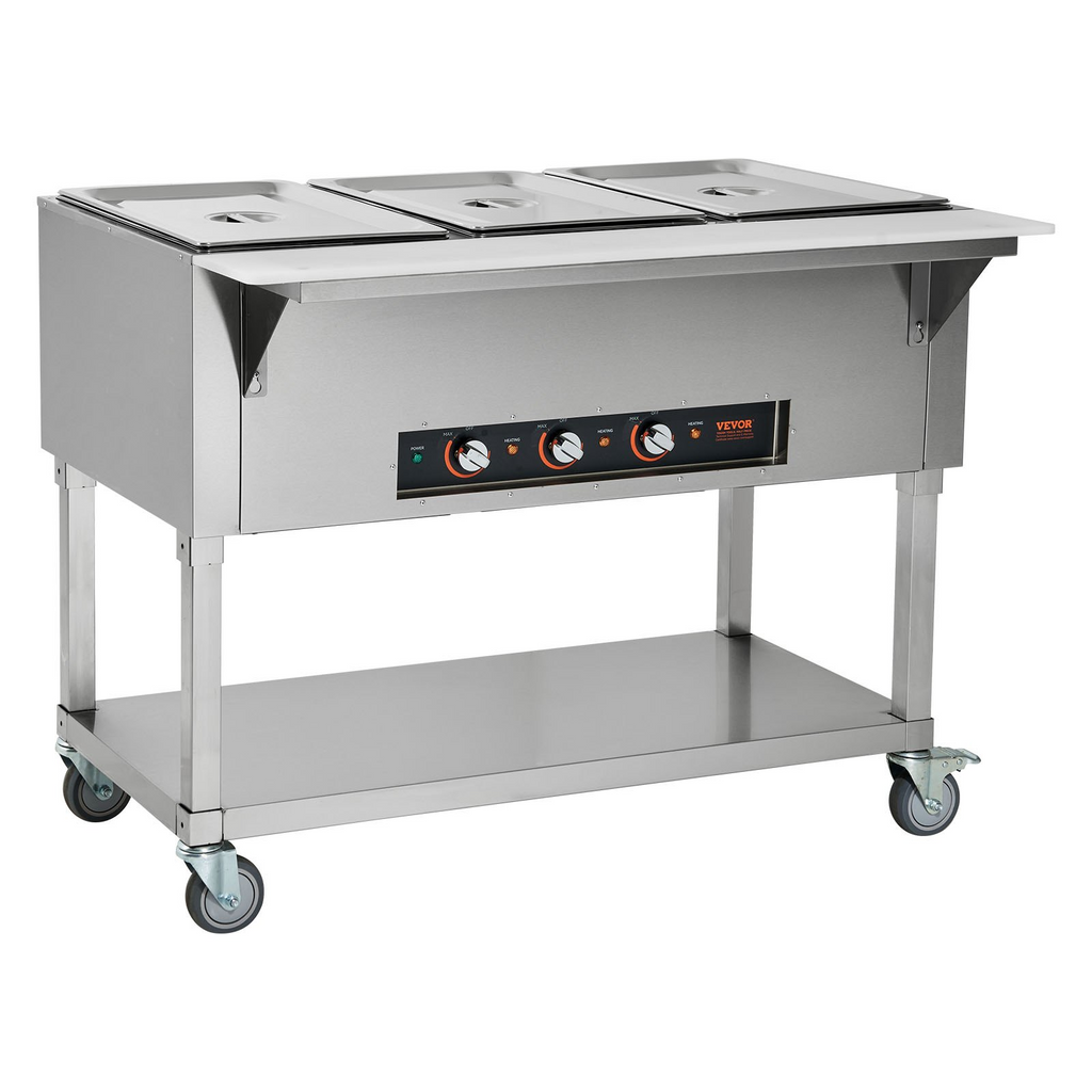 Calentador de alimentos comercial de 3 sartenes de 3 x 20,6 qt de 1500 W con 4 ruedas (2 bloqueables)