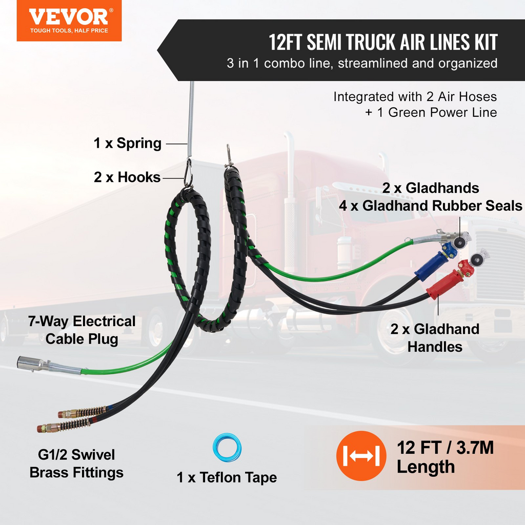 VEVOR Kit de líneas de aire para semirremolque de 12 pies con 2 manijas