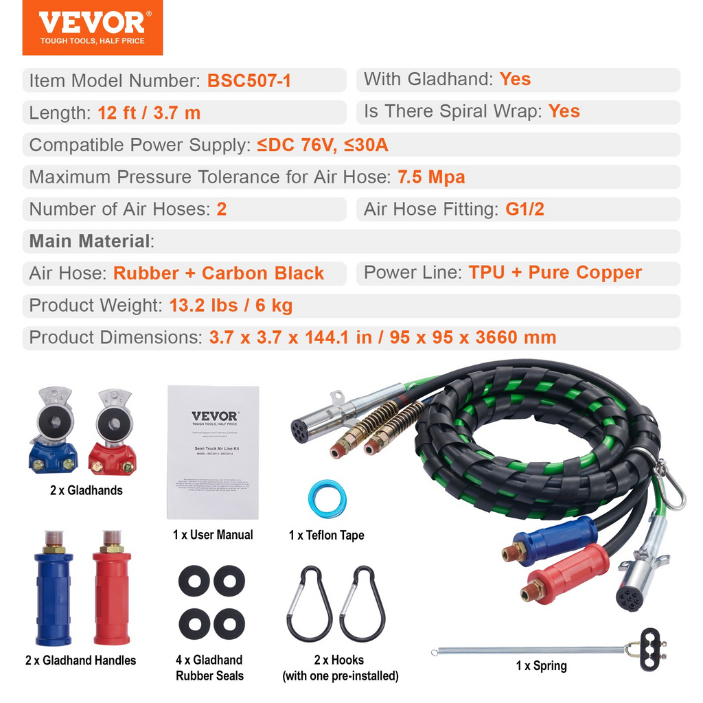 VEVOR Kit de líneas de aire para semirremolque de 12 pies con 2 manijas