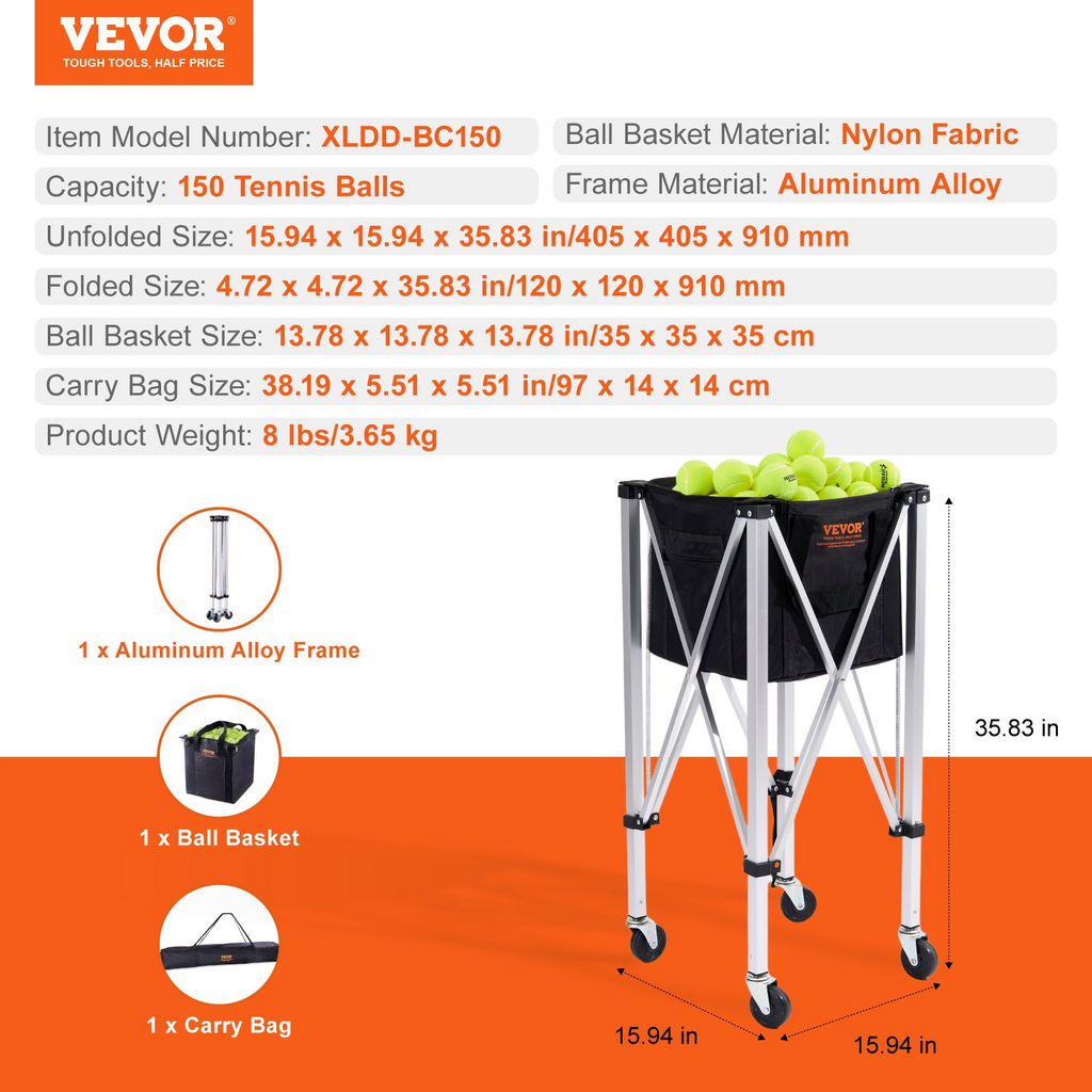 VEVOR - Cesta para pelotas de tenis plegable con capacidad para 150 pelotas de tenis
