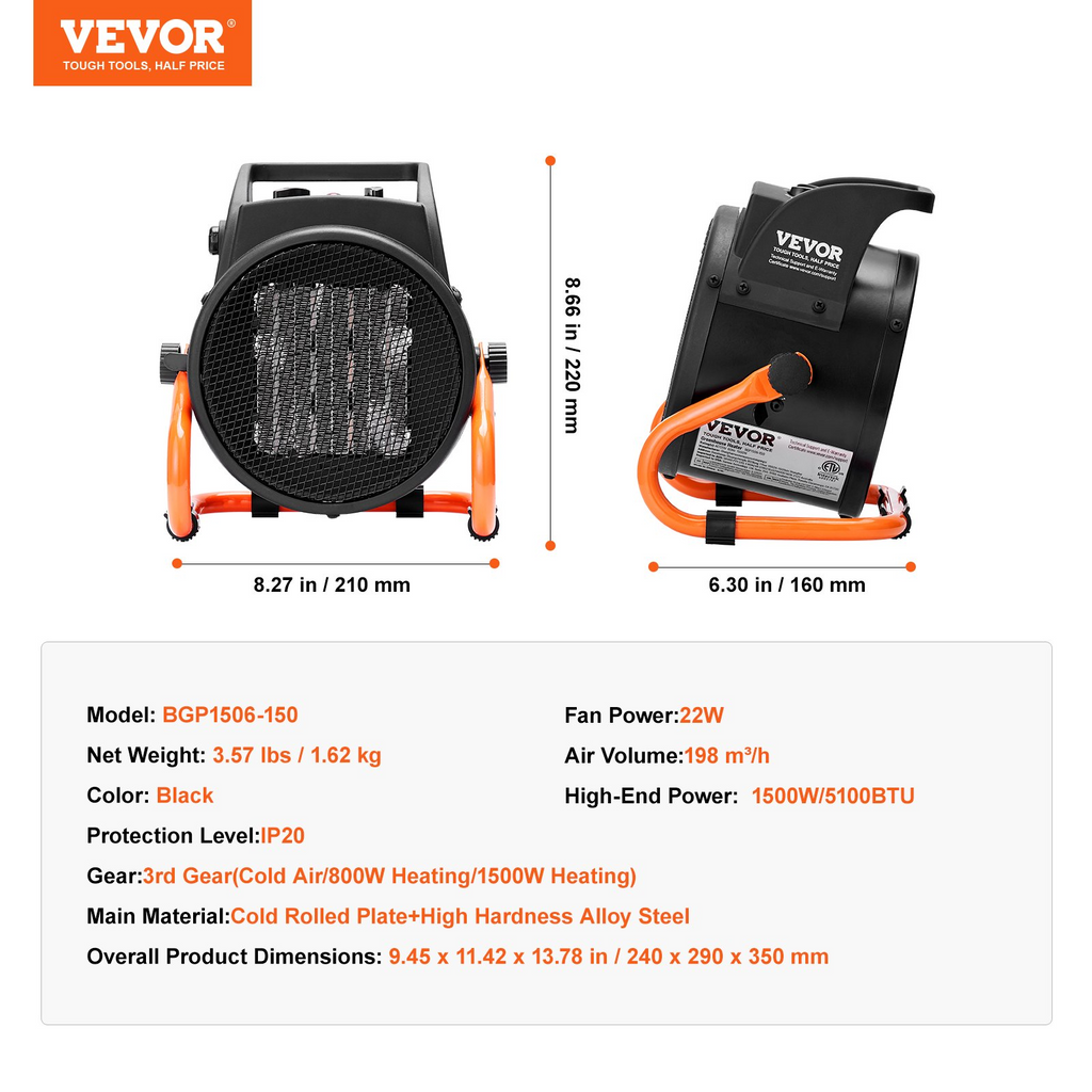 VEVOR Calentador de invernadero 1500 W PTC de calentamiento rápido con protección contra sobrecalentamiento de 3 velocidades