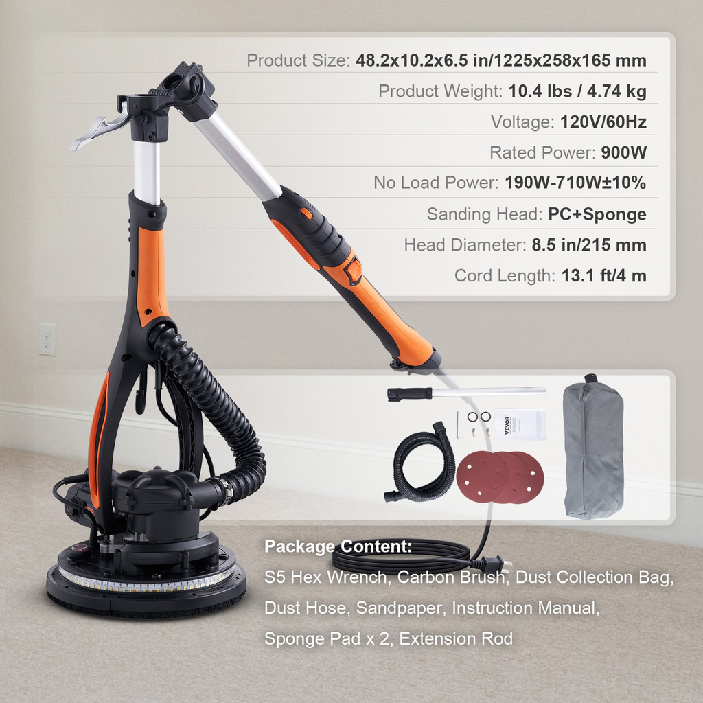 Lijadora de paneles de yeso VEVOR con motor de cepillo de 900 W velocidad variable de 800 a 1800 RPM y autosucción