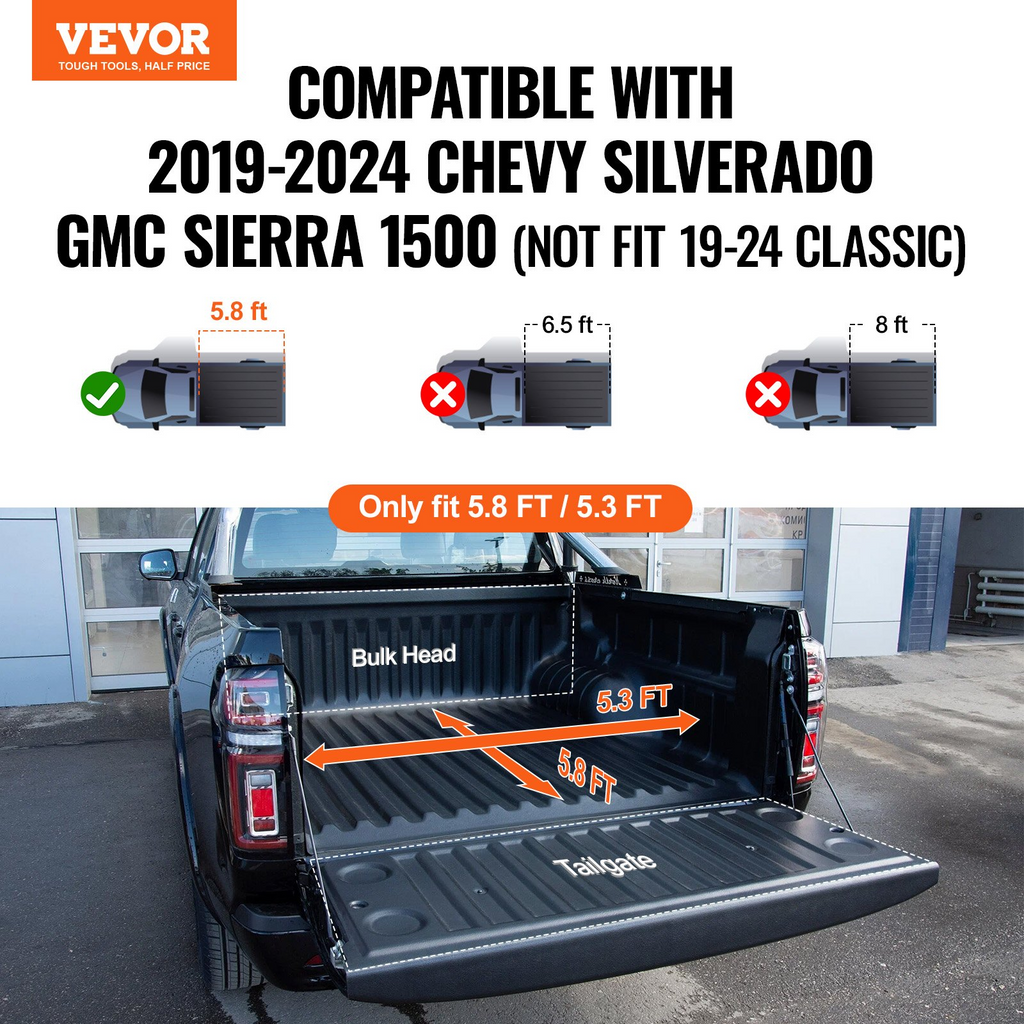 Funda de lona plegable de tres pliegues para caja de camioneta compatible con Chevy Silverado GMC Sierra 1500 2019-2024 (no compatible con Classic 19-24) caja de 5'8"