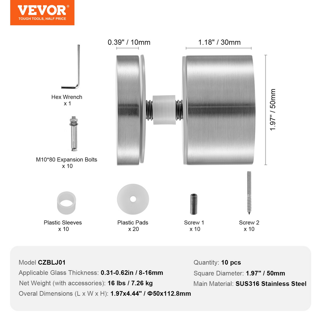 VEVOR Abrazadera de vidrio 10 piezas de soporte de barandilla de vidrio redondo para vidrio templado de 0,31 "-0,62"