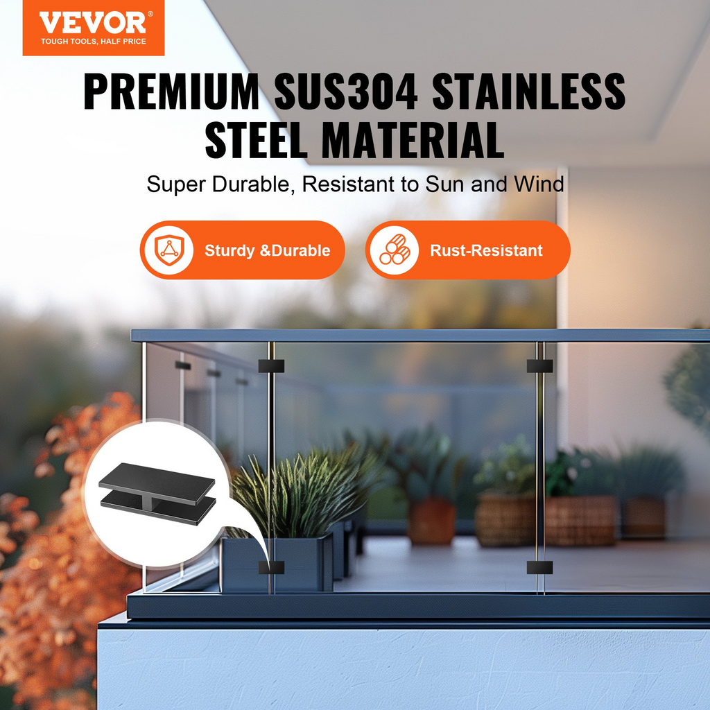 VEVOR Abrazadera de vidrio 4 piezas de soporte de barandilla de vidrio rectangular para vidrio templado de 0,31 "-0,47"