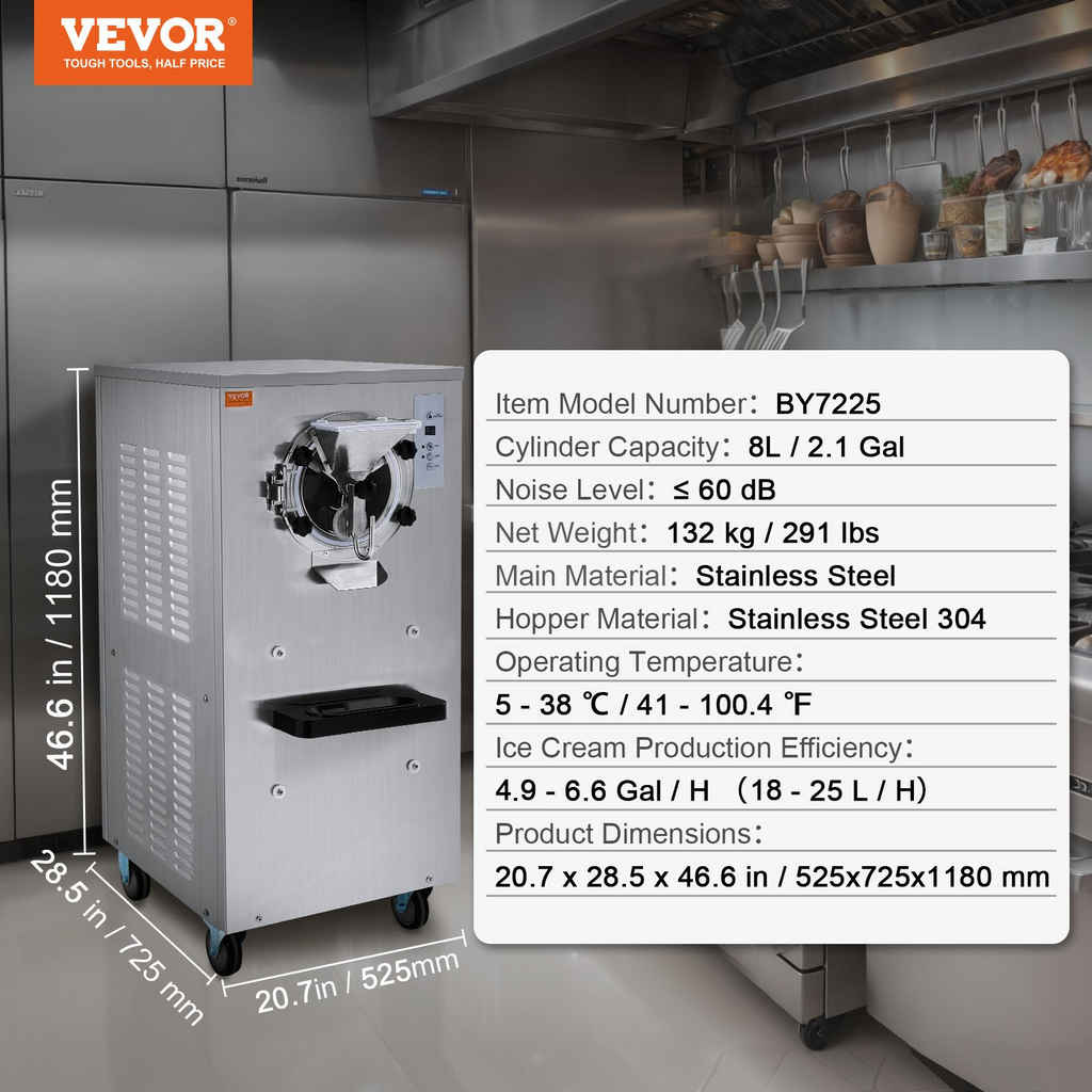 VEVOR Máquina para hacer helados comerciales rendimiento de 20-25 l/h de 2400 W cilindro de acero inoxidable de 8 l