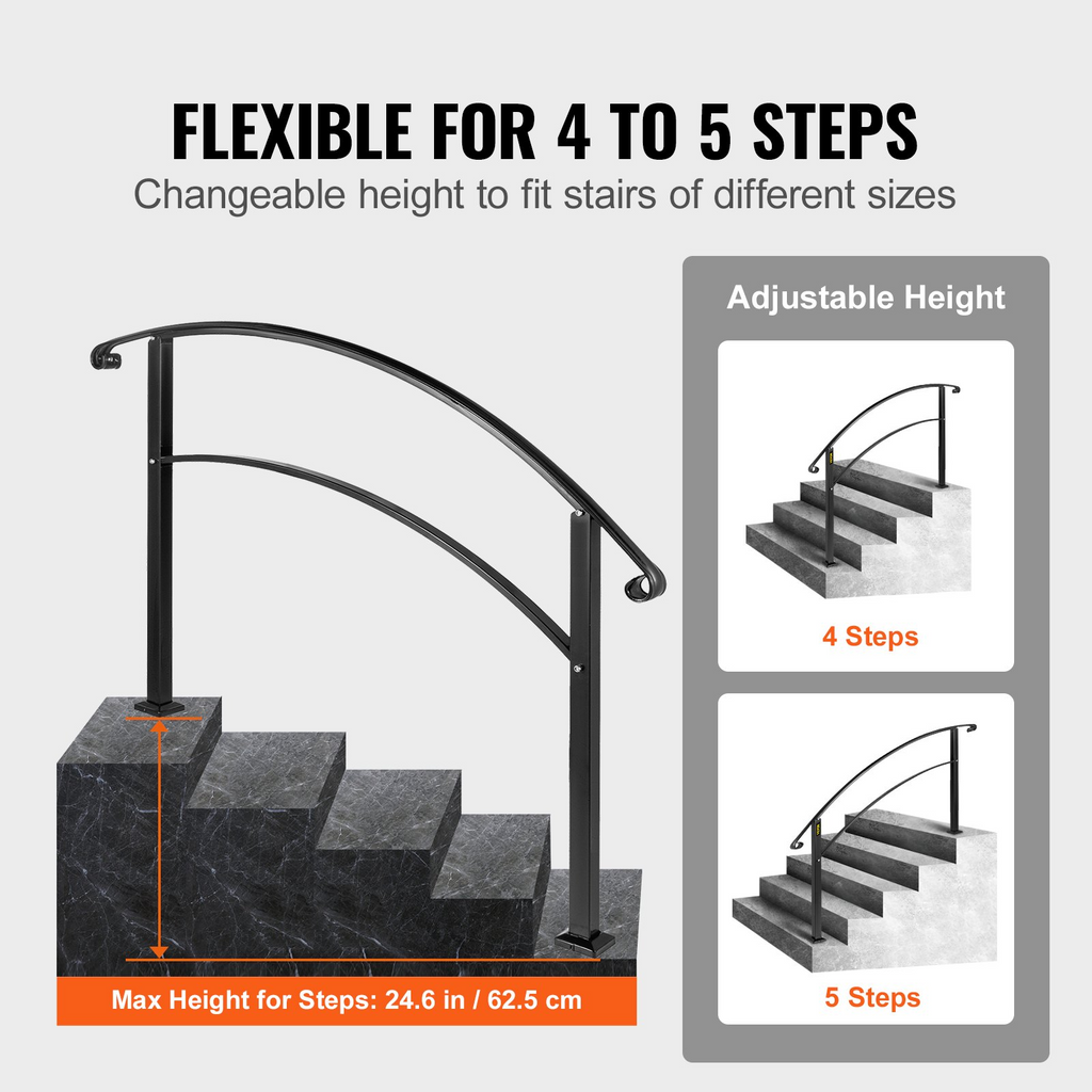 VEVOR Handrails for Outdoor Steps, Fit 1 or 5 Steps Outdoor Stair Railing, Black Wrought Iron Handrail, Flexible Front Porch Hand Rail, Transitional Handrails for Concrete Steps or Wooden Stairs