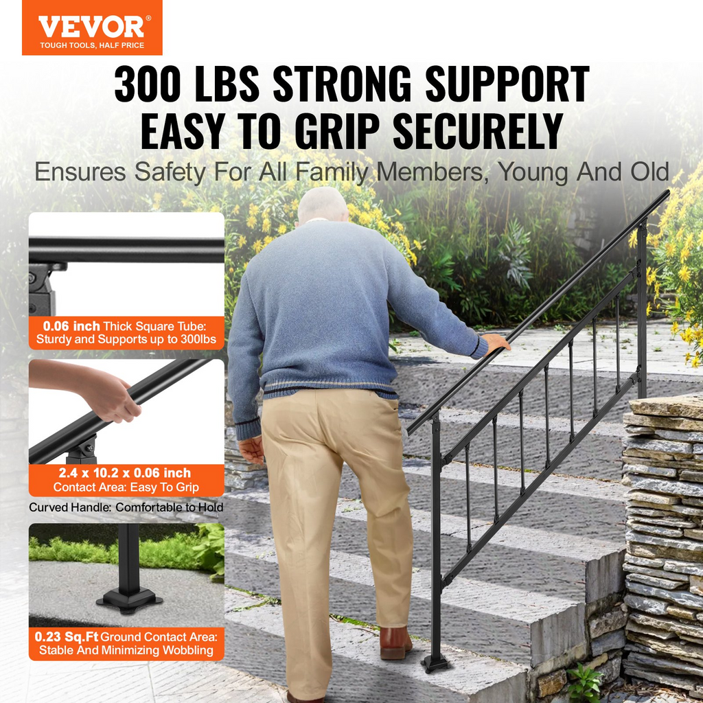 VEVOR Pasamanos de escalera para exteriores aptos para 1-5 escalones ajustable con valla