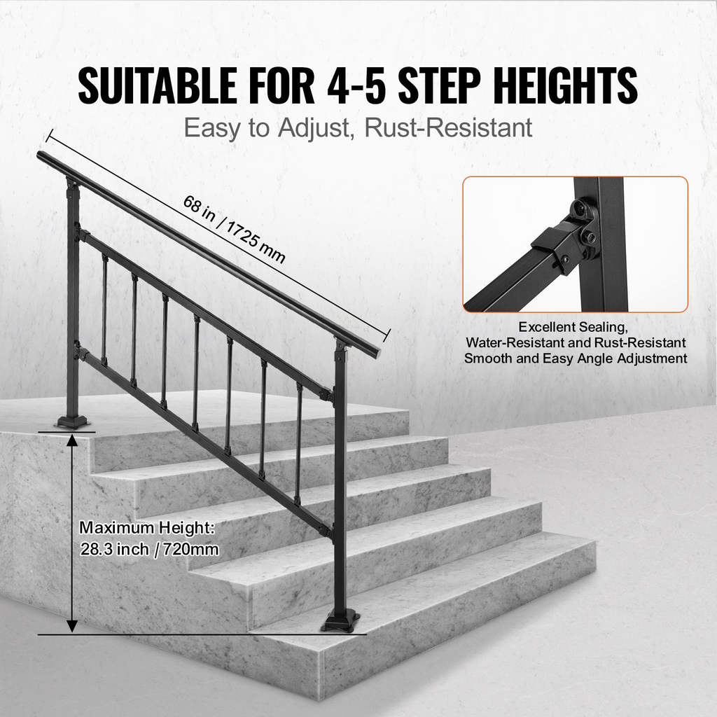 VEVOR Pasamanos de escalera para exteriores aptos para 1-5 escalones ajustable con valla