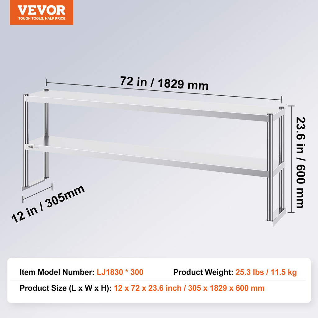 Estante doble VEVOR de acero inoxidable de dos niveles estante doble de 12 x 72 pulgadas