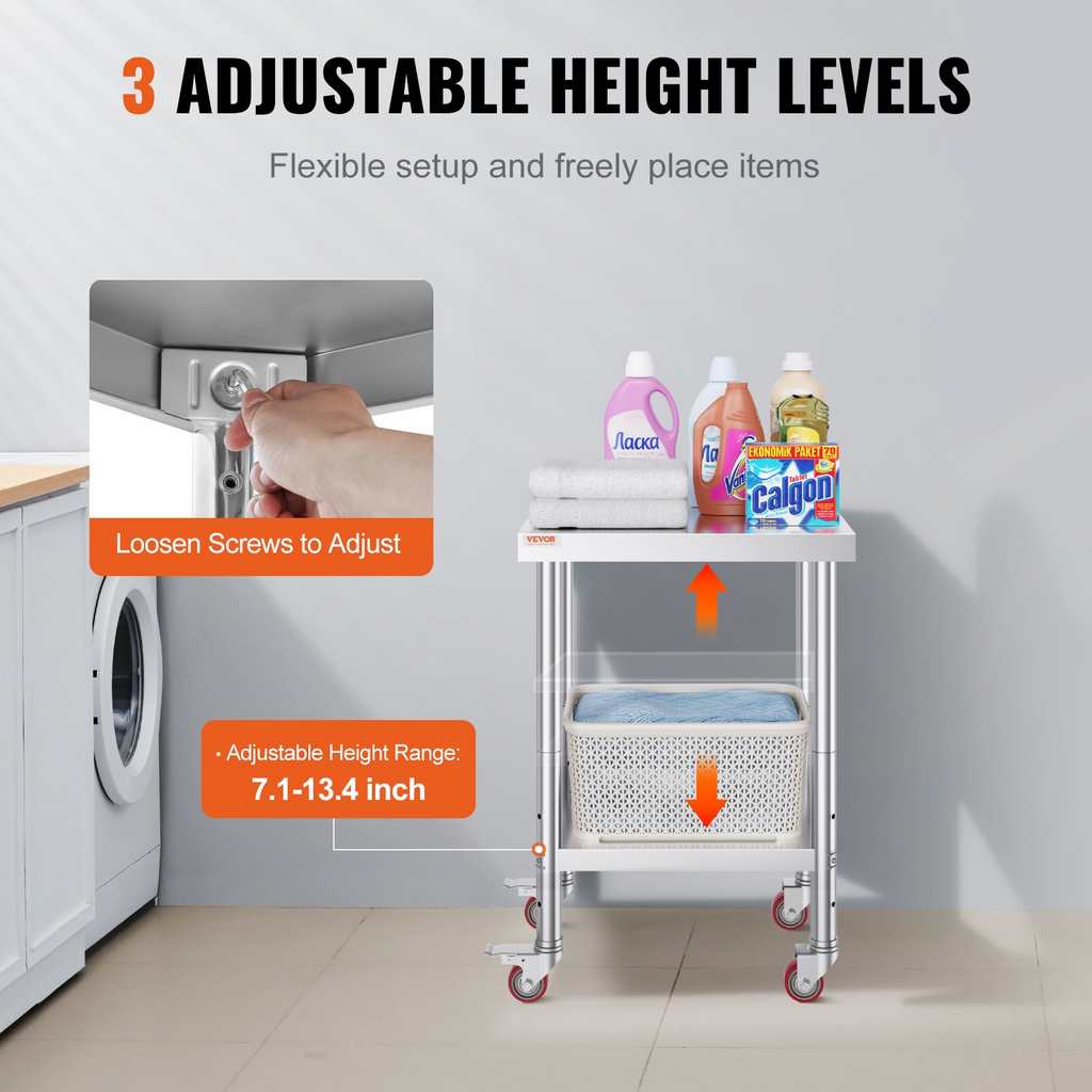 Mesa de trabajo de acero inoxidable VEVOR de 24 x 18 x 34 pulgadas con estante ajustable de 3 niveles y 4 ruedas