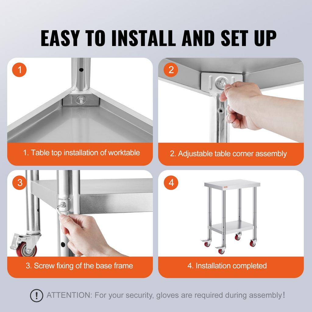 Mesa de trabajo de acero inoxidable VEVOR de 24 x 18 x 34 pulgadas con estante ajustable de 3 niveles y 4 ruedas