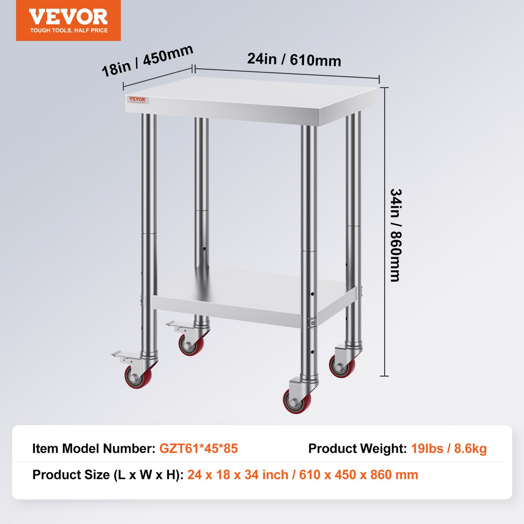Mesa de trabajo de acero inoxidable VEVOR de 24 x 18 x 34 pulgadas con estante ajustable de 3 niveles y 4 ruedas