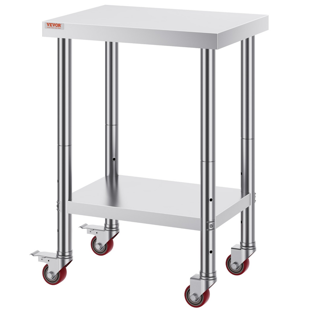 Mesa de trabajo de acero inoxidable VEVOR de 24 x 18 x 34 pulgadas con estante ajustable de 3 niveles y 4 ruedas