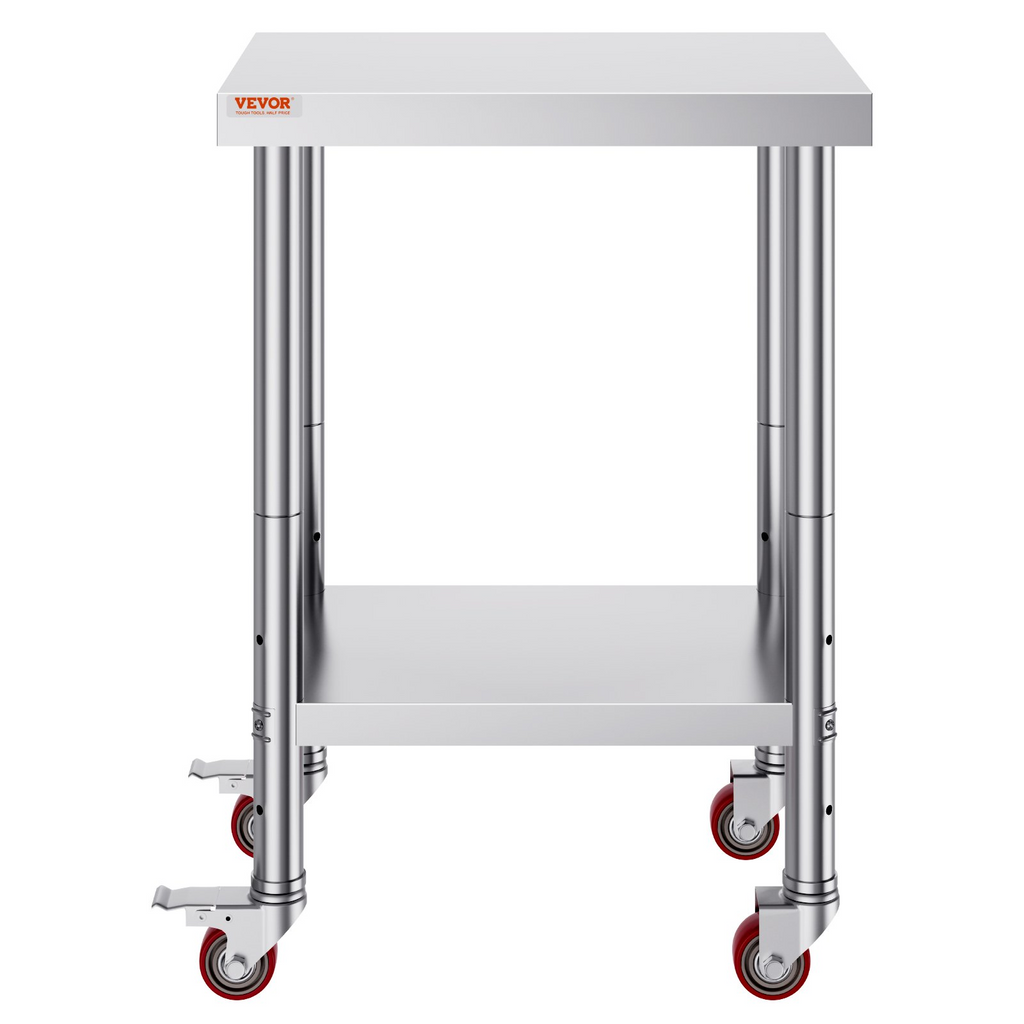 Mesa de trabajo de acero inoxidable VEVOR de 24 x 18 x 34 pulgadas con estante ajustable de 3 niveles y 4 ruedas