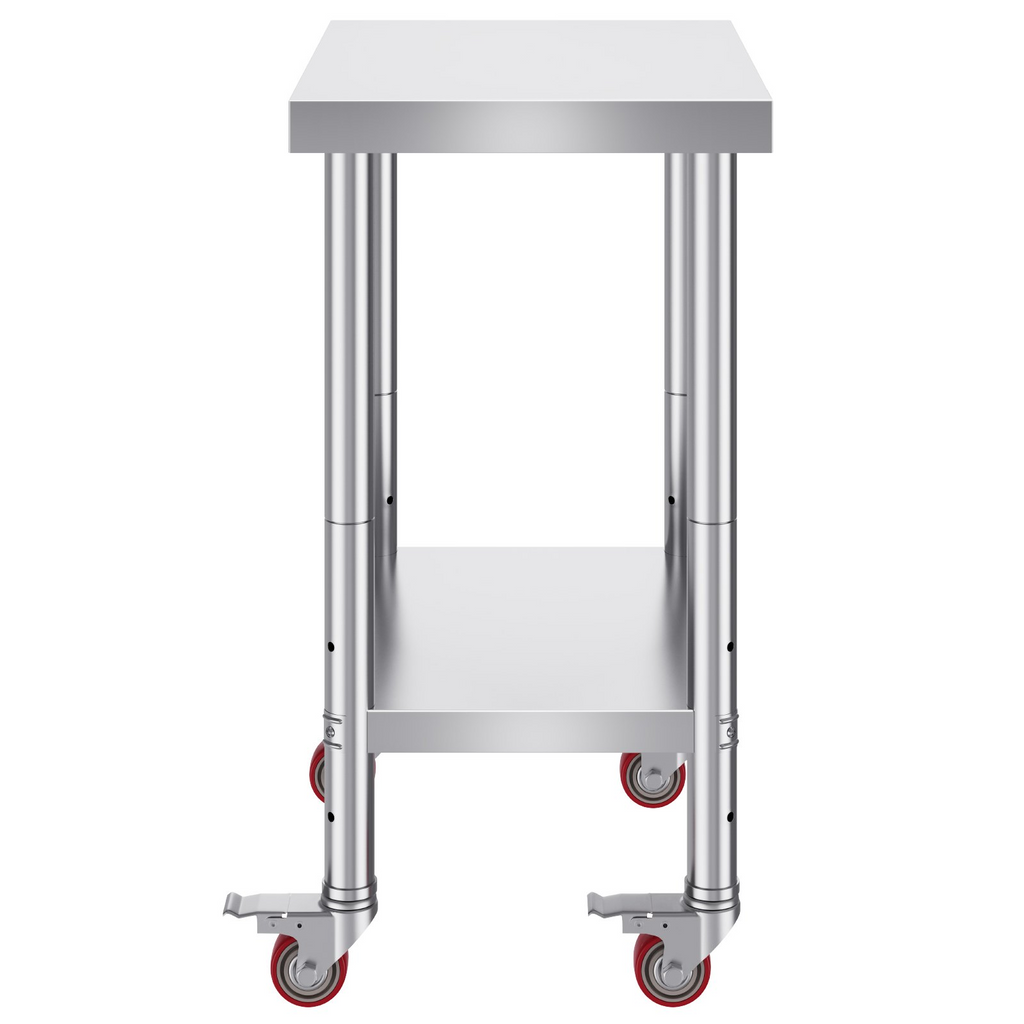 Mesa de trabajo de acero inoxidable VEVOR de 24 x 18 x 34 pulgadas con estante ajustable de 3 niveles y 4 ruedas
