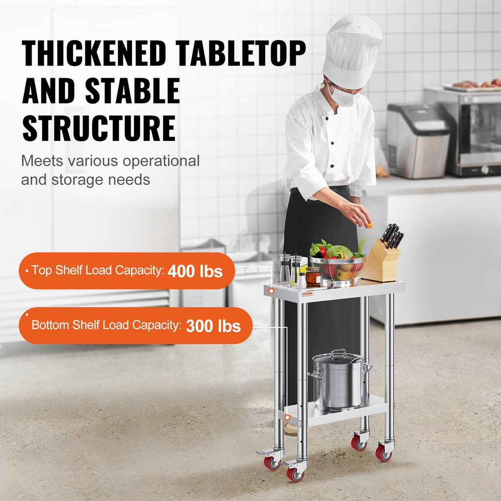 Mesa de trabajo de acero inoxidable VEVOR con ruedas de 24 x 12 x 32 pulgadas con 4 ruedas